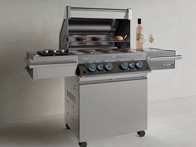 Outdoor Stainless Steel Grill With Wine Bottle Glasses And Grilled Food 3d model