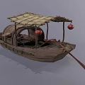 Traditional Wooden Boat With Bamboo Canopy Red Lanterns And Wooden Deck