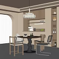 Warm Modern Restaurant Interior With Round Dining Table Pendant Lamp And Display Shelves 3d model