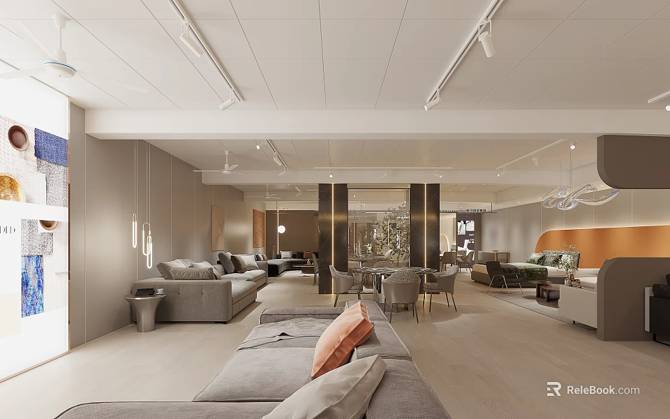 Modern Lounge Interior Design With Gray Sofas Chairs Wooden Flooring And Ceiling Lights 3d model