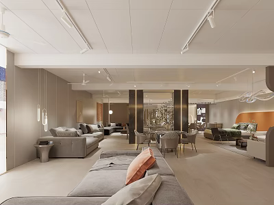 Modern Lounge Interior Design With Gray Sofas Chairs Wooden Flooring And Ceiling Lights 3d model