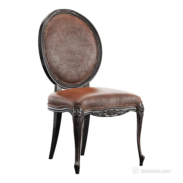 Classic Single Chair With Leather Upholstery Oval Backrest And Carved Wooden Legs 3d model 