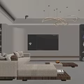 Modern Living Room Interior Design With Beige Sofa TV Display Shelves And Chandelier