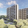 Modern High Rise Residential Building With Balconies And Green Trees Under Clear Sky