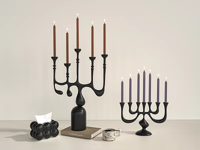 Elegant Black Candelabra With Five Brown And Six Purple Decorative Candles 3d model