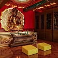 Traditional Buddhist Shrine Cabinet with Golden Buddha Statue Red Background and Wooden Flooring