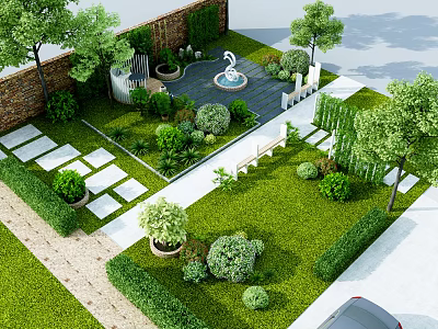Garden Landscape Design With Lawn Green Plants Fountain Stone Path Bench And Brick Wall 3d model