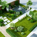 Garden Landscape Design With Lawn Green Plants Fountain Stone Path Bench And Brick Wall