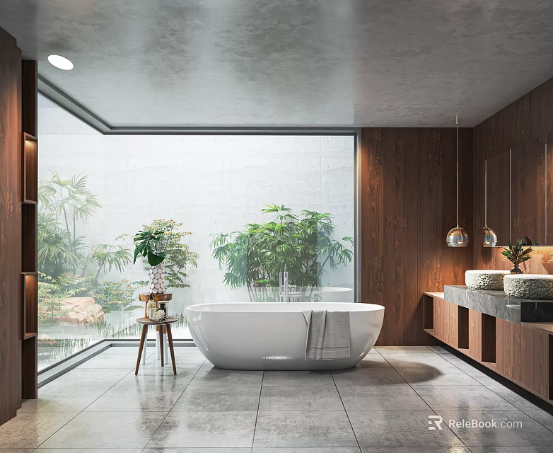 Modern Bathroom Interior Featuring White Bathtub Wooden Accents And Large Window Plants 3d model 