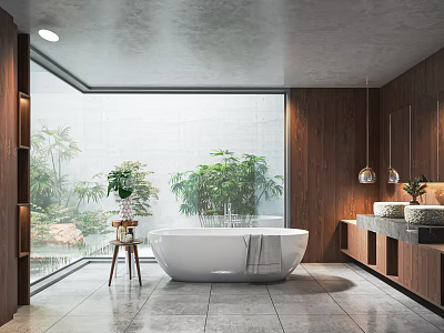 Modern Bathroom Interior Featuring White Bathtub Wooden Accents And Large Window Plants 3d model