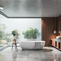 Modern Bathroom Interior Featuring White Bathtub Wooden Accents And Large Window Plants