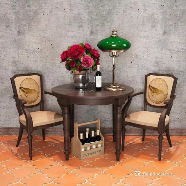 Vintage Round Table And Upholstered Chairs Set With Green Lamp Flower Bouquet And Wine Crate 3d model 