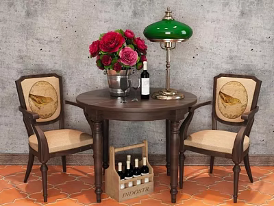 Vintage Round Table And Upholstered Chairs Set With Green Lamp Flower Bouquet And Wine Crate 3d model
