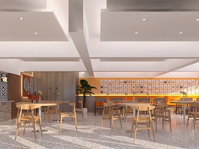 Bright Modern Restaurant Interior With Wooden Tables Chairs Framed Wall Art And Ceiling Lights 3d model