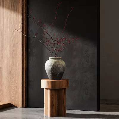 Grayish Pottery Vase With Red Berry Branches On Wooden Pedestal Against Dark Gray Wall 3d model