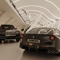 Modern Tunnel Interior With White Wave Lighting Black Cars And Modern Furniture