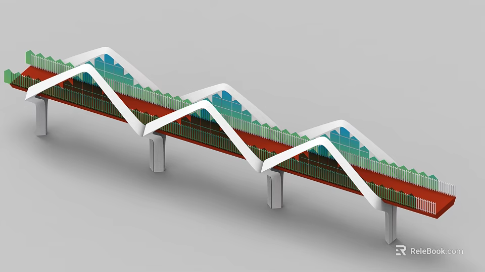 Modern Landscape Bridge With White Arched Structure Red Deck And Green Railings 3d model 