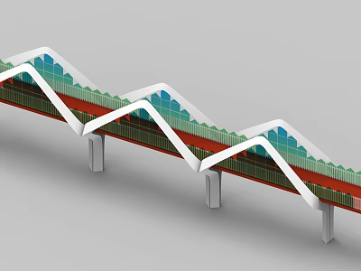 Modern Landscape Bridge With White Arched Structure Red Deck And Green Railings 3d model
