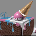 Art Installation Featuring Giant Ice Cream Cone With Melting Pink Cream And Waffle Pool Structure