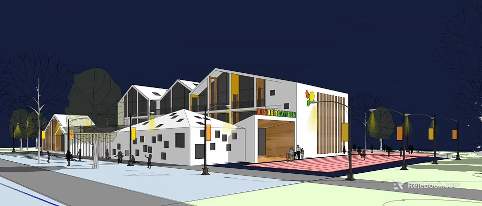 Modern Kindergarten Building Exterior With White Walls Yellow Accents And Colorful Logo 3d model 