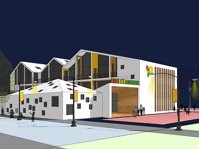 Modern Kindergarten Building Exterior With White Walls Yellow Accents And Colorful Logo 3d model
