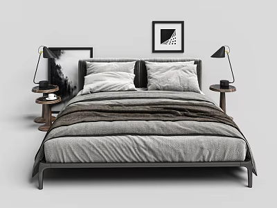 Modern Double Bed with Gray Bedding White Pillows Bedside Tables and Wall Art 3d model