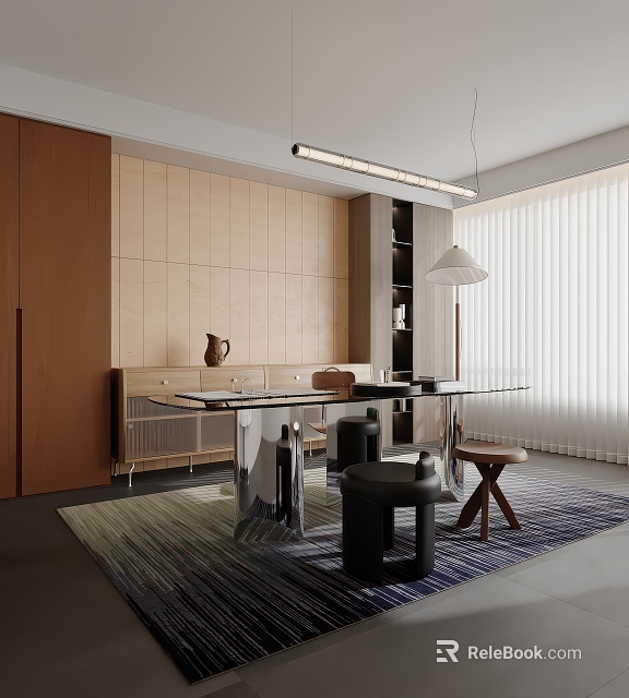 Modern Study Room Interior With Glass Top Desk Bookshelf Floor Lamp And Area Rug 3d model 