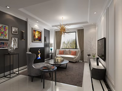 Modern Living Room Interior With Decorative Paintings Chandelier Sofa Coffee Table Rug TV And Curtains 3d model