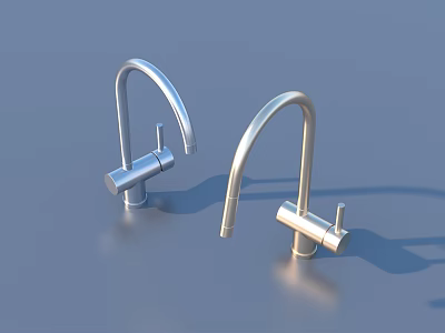 Two Silver Modern Design Faucets With Curved Metal Spout On Blue Background With Shadows 3d model