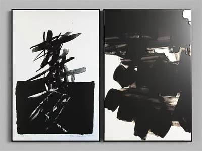 Modern Abstract Black Ink Paintings With Brushstroke Design For Wall Decor 3d model