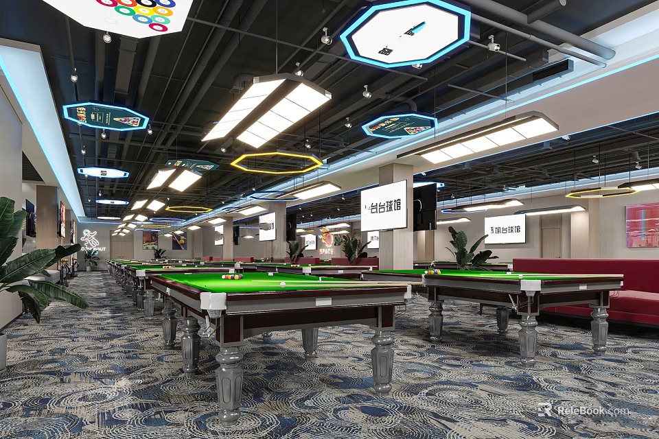 Spacious Billiard Room With Multiple Green Felt Tables And Modern Ceiling Lights 3d model