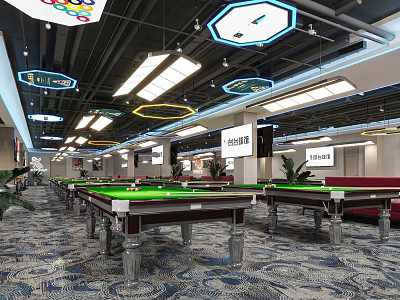 Spacious Billiard Room With Multiple Green Felt Tables And Modern Ceiling Lights 3d model