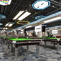 Spacious Billiard Room With Multiple Green Felt Tables And Modern Ceiling Lights 3d model