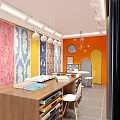 Curtain Fabric Store Interior With Colorful Displays Wooden Counter Shelves And Lighting