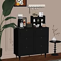 Stylish Black Sideboard With Coffee Machine Mugs Jars And Decorative Green Plant