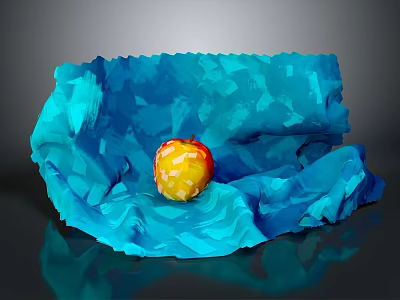 Vibrant Yellow and Red Apple on Blue Crinkled Fabric with Dark Reflective Background 3d model