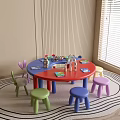 Colorful Kids Round Table and Chair Set with Multi colored Stools on Patterned Rug 3d model