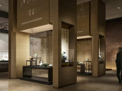 Cultural Center Interior With Ceramic Artifacts Exhibition And Traditional Wooden Displays 3d model