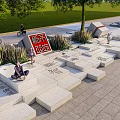 Outdoor Stone Landscape Seats With Chinese Characters In Night Park Scene