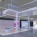Modern Exhibition Booth Design Featuring White Frame Illuminated Lines Company Logo Stairs And Display Screens