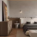 Modern Minimalist Bedroom Interior With Large Bed Armchair And Herringbone Wood Floor