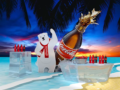 Coca-Cola Polar Bear Ice Sculpture With Bottles On Sunset Beach Coconut Trees 3d model