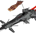 Futuristic Military Spaceship With Flag Flying In Deep Space Scene