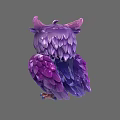 Purple Owl Toy With Big Eyes Pink Ears And Purple White Feathers Light Blue Background