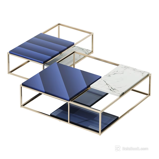Modern Coffee Table With Golden Metal Frame Blue Surface And Marble Texture 3d model 