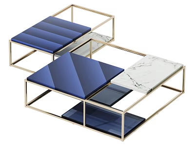 Modern Coffee Table With Golden Metal Frame Blue Surface And Marble Texture 3d model