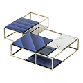 Modern Coffee Table With Golden Metal Frame Blue Surface And Marble Texture