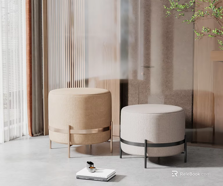 Modern Round Beige And Light Gray Ottomans With Metal Frames In Living Room Interior 3d model 