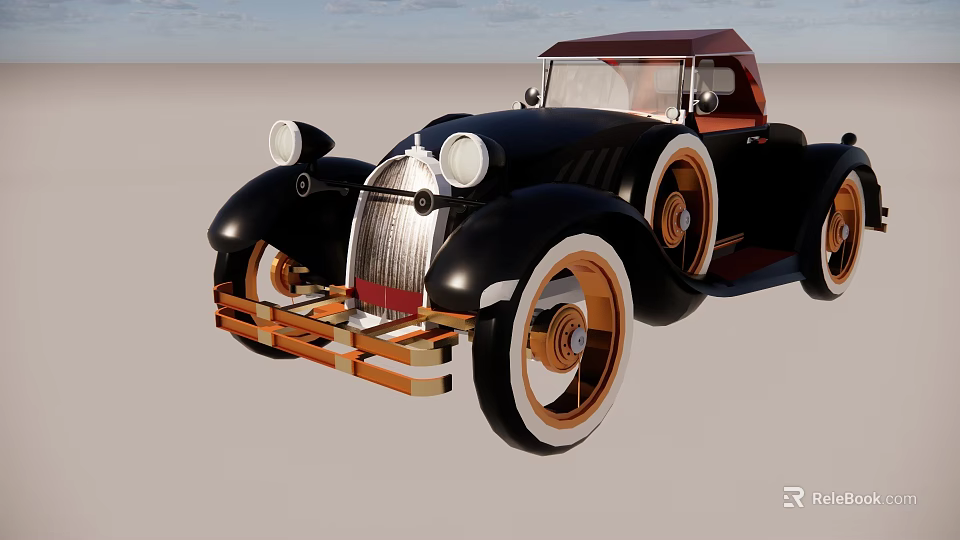 Vintage Convertible Car With Black Body Brown Soft Top Gold Wheels And Round Headlights 3d model 