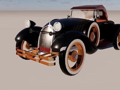 Vintage Convertible Car With Black Body Brown Soft Top Gold Wheels And Round Headlights 3d model